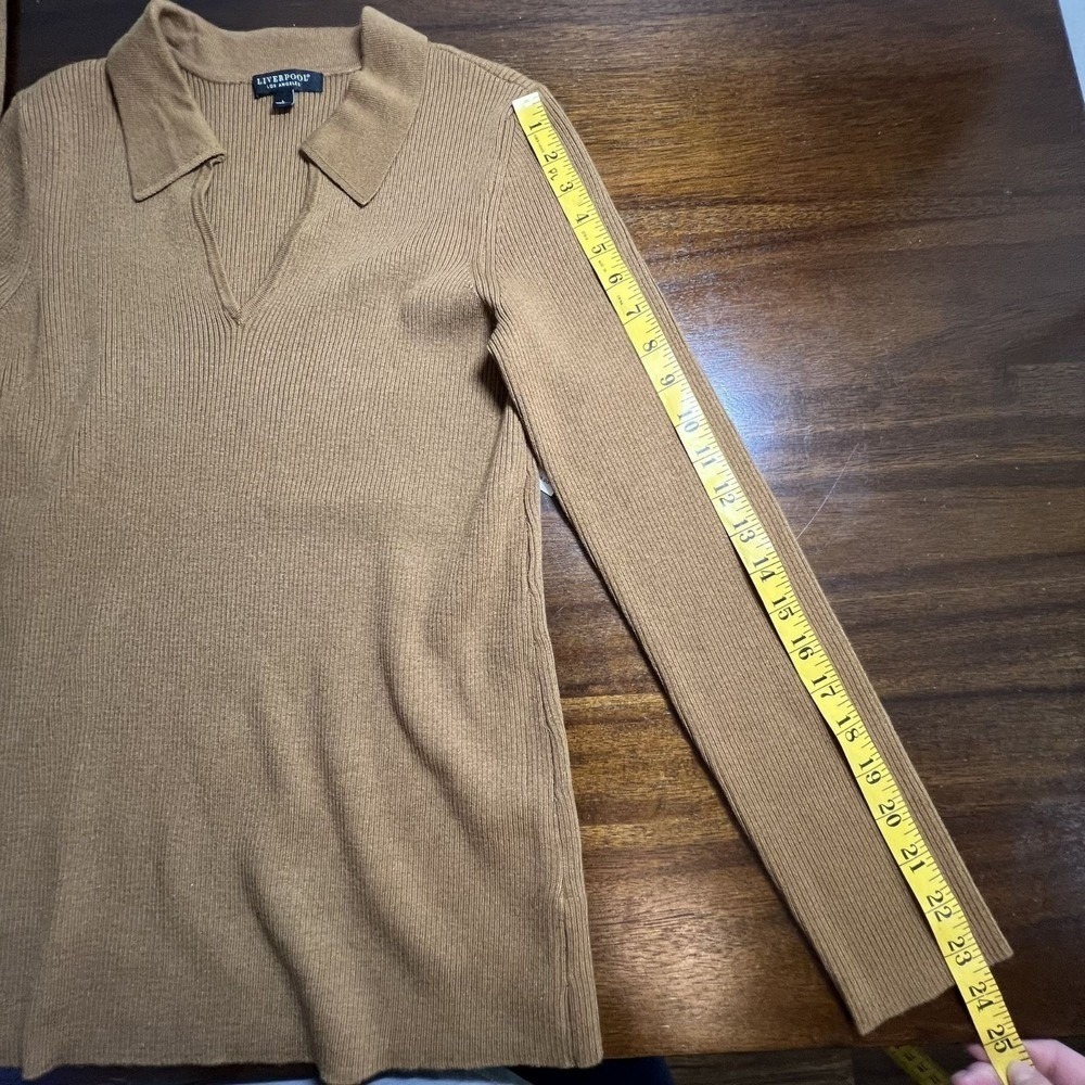 Liverpool Ribbed V-Neck Polo Sweater Large Preppy Euro Autumn Brown Luxe Paris - Picture 12 of 13